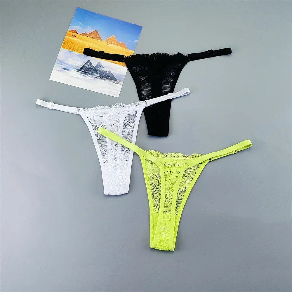 3PCS Einstellbare Sexy Transparent Tanga Höschen Frauen Spitze Unterwäsche Niedrige Taille Weibliche T-zurück String Unterhose